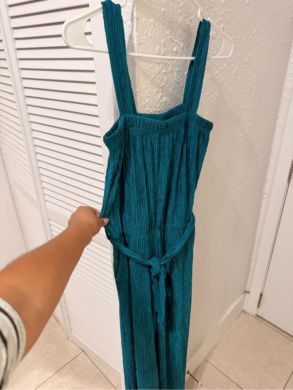 Teal Crinkled Jumpsuit with Tie Waist